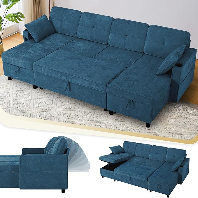 110 Inches Chenille Sectional Sofa w/Pull Out Sofa Bed & Adjustable Back, Tufted U Shaped Couch w/Two Storage Chaises, Sleeper Sectional Sofa w/USB Port & Cup Holders for Living Room, Blue-HomvellaHome