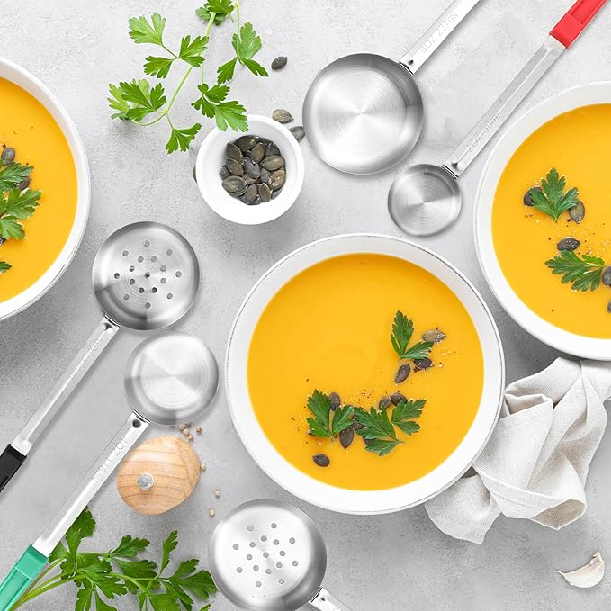 16 Pcs Portion Control Serving Spoons, Restaurant Measuring Serving Ladle Utensils, Portion Control Slotted Scoops for Weight Loss, Solid and Perforated Scoops(4 Colors,4 Sizes)-HomvellaHome