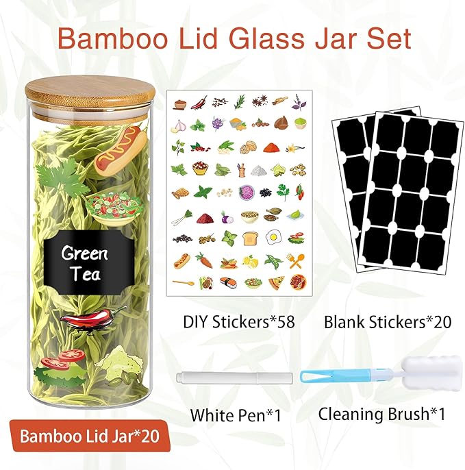 16 oz 20 pcs Glass Jars with Bamboo Lids, Stackable Clear Food Storage Jars, Airtight Kichen Glass Pantry Storage Containers with Lids for Rice, Candy, Sugar, Flour, Nuts, Cookie, Spice-HomvellaHome