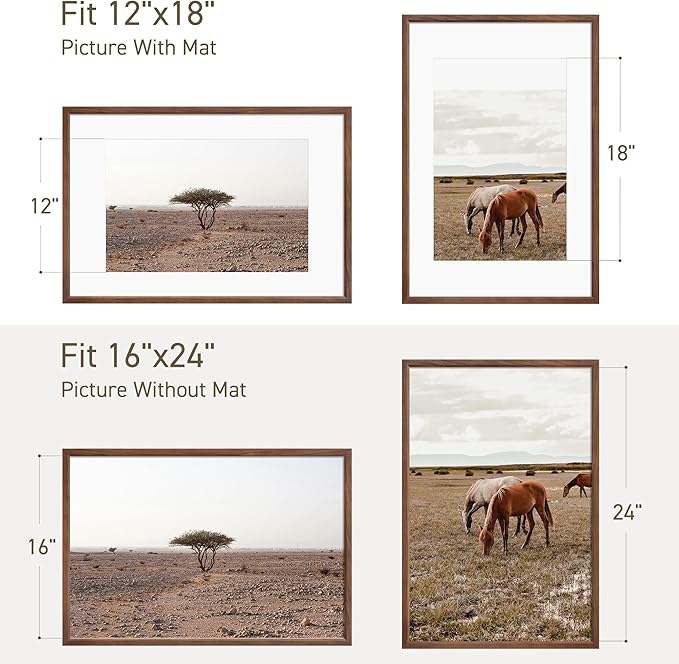 16x24 Poster Frame Set of 4 Natural Solid Walnut Photo Frames with 12x18 Removable Mat Wall Hanging Large Handcrafted Frame with HD Plexiglass Wall and Tabletop Display Large Picture Frame-HomvellaHome