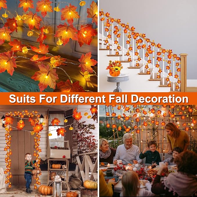 2 Pack & Timer - Fall Garland with Pumpkin Lights Halloween Fall Decor for Home 60LED 20Ft Enlarged Maples Leaves Halloween Garland Lights Indoor Battery Operated Thanksgiving Decor Wedding Christmas-HomvellaHome