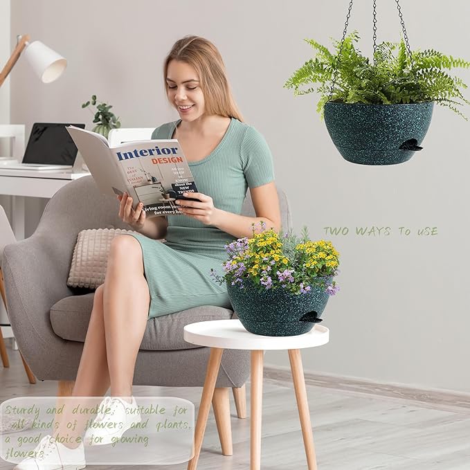 12 Inch Hanging Baskets 2 PC with Chains, Self-Watering Hanging Planters for Indoor Outdoor Plants, Plastic Hanging Flower Pots, Black with Green Speckles-HomvellaHome