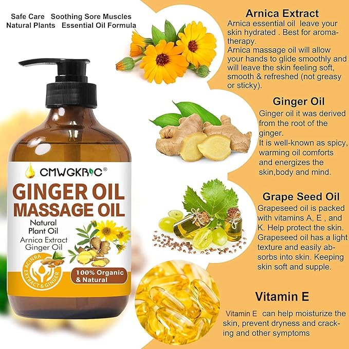Ginger Oil,Ginger Massage Oil for Lymphatic Drainage,Natural Body Oil for Skin,Arnica Oil,Sore Muslce Massage Oil,Spa Ginger Oil-Warming and Relaxing for Mothers Day Gifts&Fathers Day Gift-HomvellaHome