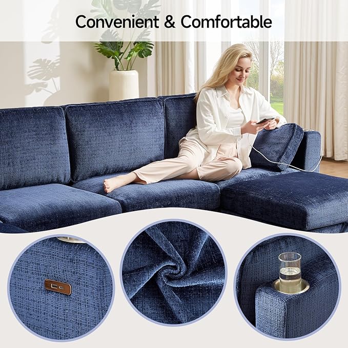 110" Modular Sectional Sofa, Convertible Sleeper Sofa Couch Bed with Adjustable Backrest, U-Shaped Chenille Cloud Couch with Ottoman Storage, Deep Seat Couches for Living Room,Blue-HomvellaHome