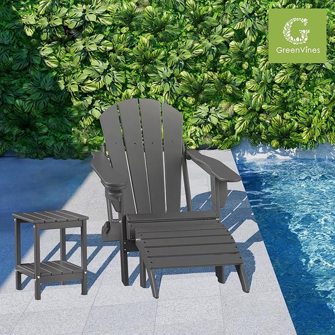 GREENVINES Adirondack-Ottoman | HDPE Plastic | Outdoor Footrest | All Weather | Foot Rest | Foot Stool | Grey | for Adirondack Chair | for Patio Backyard Pool-HomvellaHome