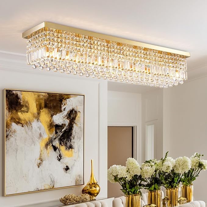 10 Lights Gold Flush Mount Rectangle Chandelier, Modern K9 Crystal Chandeliers Light Fixture Rectangular Raindrop Chandelier Pendant Island Light for Living Dining Room Kitchen Bar L47 Inch-HomvellaHome