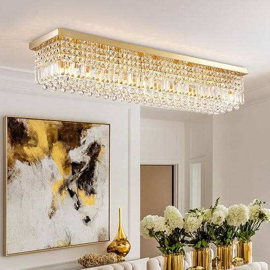 10 Lights Gold Flush Mount Rectangle Chandelier, Modern K9 Crystal Chandeliers Light Fixture Rectangular Raindrop Chandelier Pendant Island Light for Living Dining Room Kitchen Bar L47 Inch-HomvellaHome