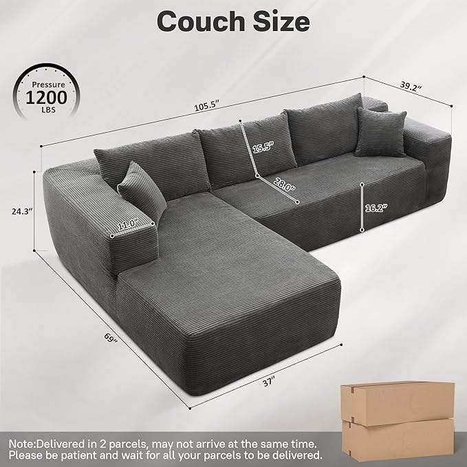 104" Cloud Sectional Couches for Living Room,L Shaped Boneless Couch in A Box,Sleeper Sofa with Comfy Chaise No Assembly Required,Grey-HomvellaHome