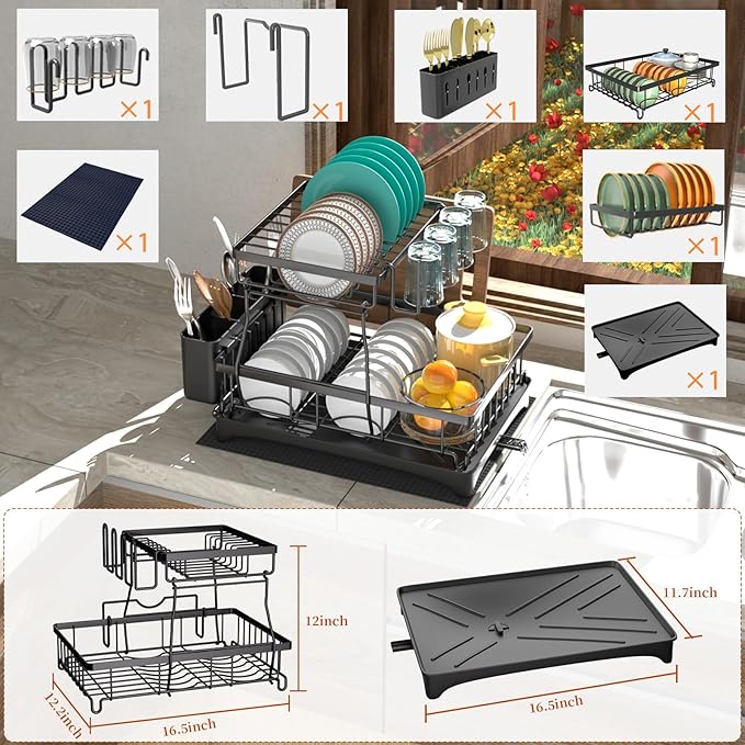 Godboat Dish Drying Rack, 2-Tier Dish Rack with Auto-Drain & Mat, Dish Racks for Kitchen Counter, Dish Drainer with Knife, Fork & Cup Rack, Gifts for Women, Mothers Day, Cool Stuff & Kitchen Gadgets-HomvellaHome