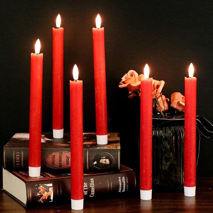 GenSwin Flameless Red Taper Candles Flickering with 10-Key Remote, Battery Operated Led Warm 3D Wick Light Window Candles Real Wax Pack of 6, Christmas Home Wedding Decor(0.78 X 9.64 Inch)-HomvellaHome