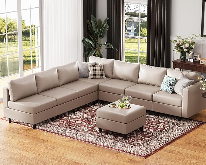 118.5" Faux Leather Modular Sectional Convertible Sofa, L Shaped Couch Set for Living Room, Large 8-Seater Comfy Cloud Couches with Movable Storage Ottoman DIY Combination - Whitesand-HomvellaHome