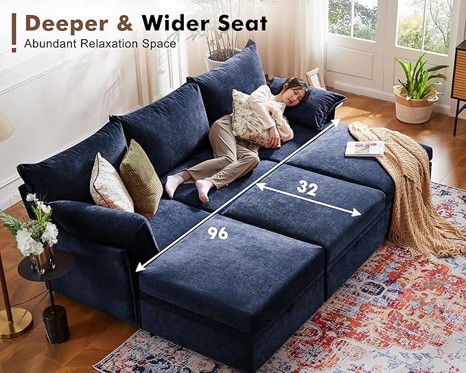 102.6" Luxury Modular Sleeper Sofa Bed 6 Seat Reversible Sectional Couch Deep Seat with Storage Chaises Removable Cover for Living Room, Apartment - Chenille Blue-HomvellaHome