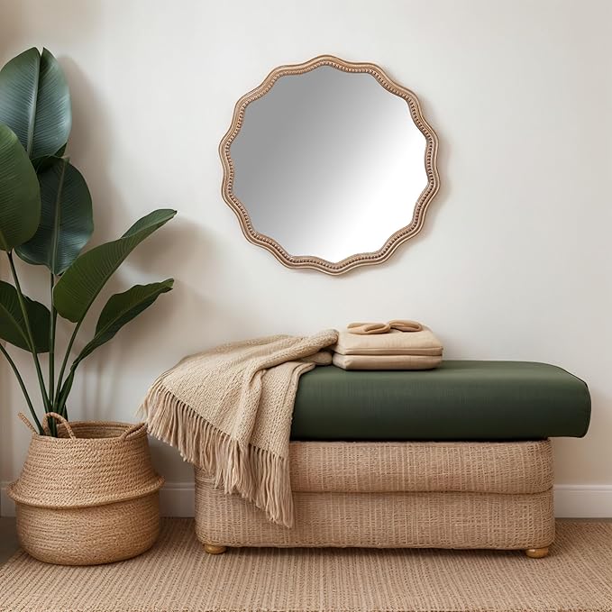 Round Mirror Vanity Mirrors for Bathroom with Wavy Wood & Beaded Frame - Wall Mirrors for Living Room,Entry Mirrors for Wall,Decorative Mirror-HomvellaHome