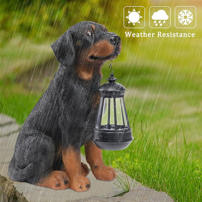 Garden Dog Statues Outdoor Decor, 13" Solar Powered LED Lights Outdoor Statue Garden Decorations Rottweiler Figurine for Patio, Lawn, Yard Art Decoration, Housewarming Garden Gift-HomvellaHome