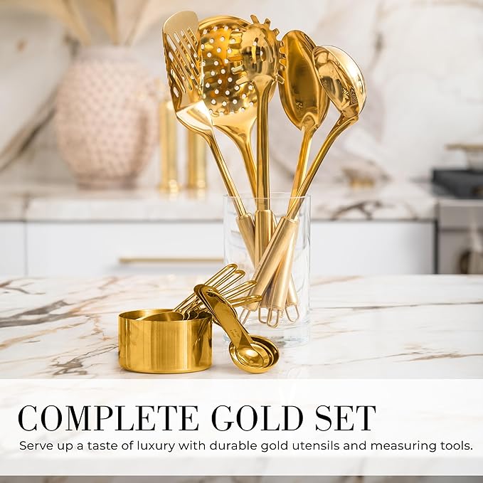 Gold Cooking Utensils with Measuring Cups and Spoons Set - 13-Piece Luxury Gold Kitchen Accessories Includes Metal Measuring Cups and Spoons for Baking, Cooking, and Elegant Kitchen Decor-HomvellaHome