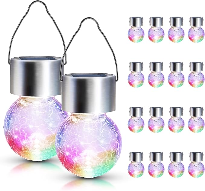 GIGALUMI 16 Pack Solar Hanging Lights for Christmas Decoration - Cracked Glass Solar Lights Outdoor Waterproof for Garden, Yard, Fence, Tree (Color Changing)-HomvellaHome