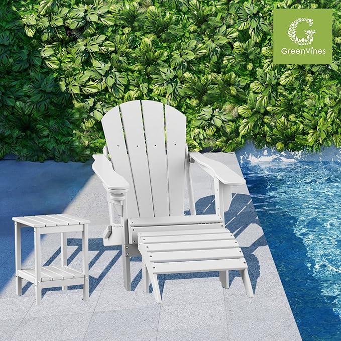GREENVINES Adirondack-Ottoman | HDPE Plastic | Outdoor Footrest | All Weather | Foot Rest | Foot Stool | White | for Adirondack Chair | for Patio Backyard Pool-HomvellaHome