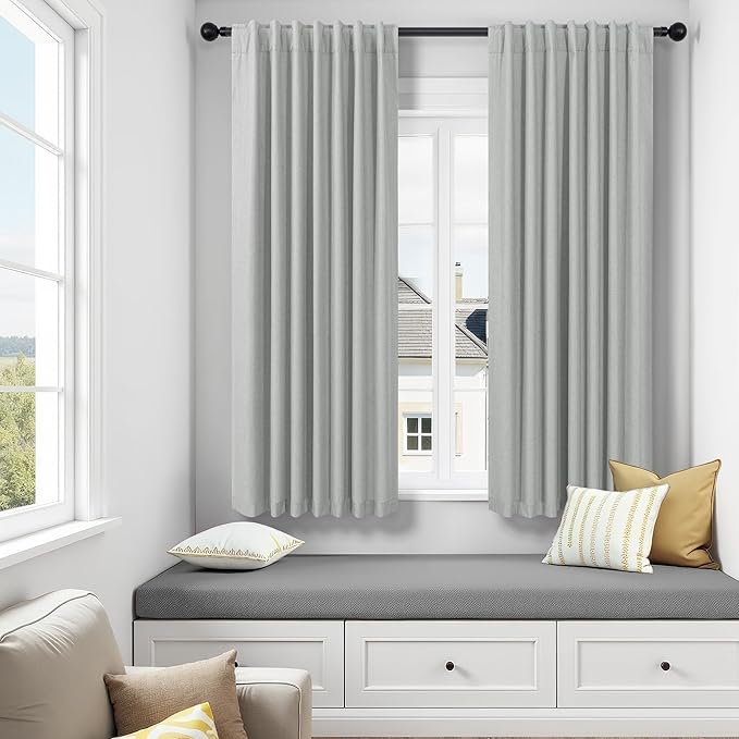 Grey Short Small Window Room Darkening Curtains 54 Inches Long 2 Panel for Bedroom Basement Boho Linen Soundproof Blackout Gray Thermal Curtains for Winter Insulated Drapes Cafe Back Tab 52x54 Length-HomvellaHome