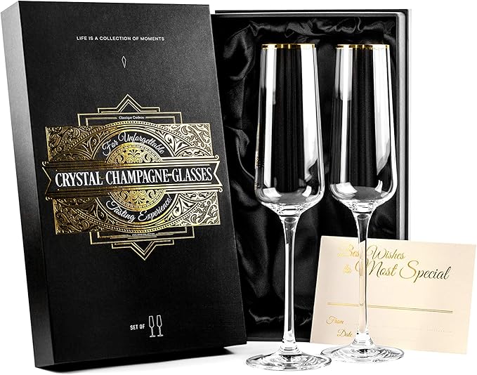 Gold Rim Champagne Gift Glasses | Set of 2 | Crystal Square Toasting Flutes for Bride and Groom, Wedding, Anniversary, Birthday | Elegant Long Stemmed Glassware for Sparkling Wine, Prosecco-HomvellaHome
