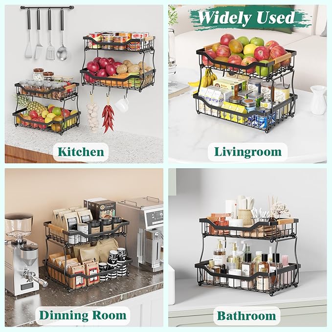 Giwil 2 Tier Countertop Fruit Basket for Kitchen, Vegetable Storage Bread Fruit Bowl Stand with 2 Banana Hangers, Wall Mounted Metal Wire Basket Organizer for Potato Onion, Black-HomvellaHome