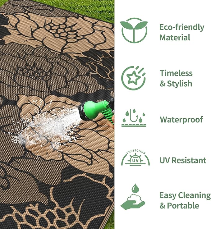 GENIMO Outdoor Rug Waterproof for Patio Decor, 8' x 10' Reversible Plastic Straw Floral Camping Carpet, Large Area Rugs Mats for RV, Camper, Deck, Balcony, Porch, Beach, Picnic, Mix-Black & Brown-HomvellaHome