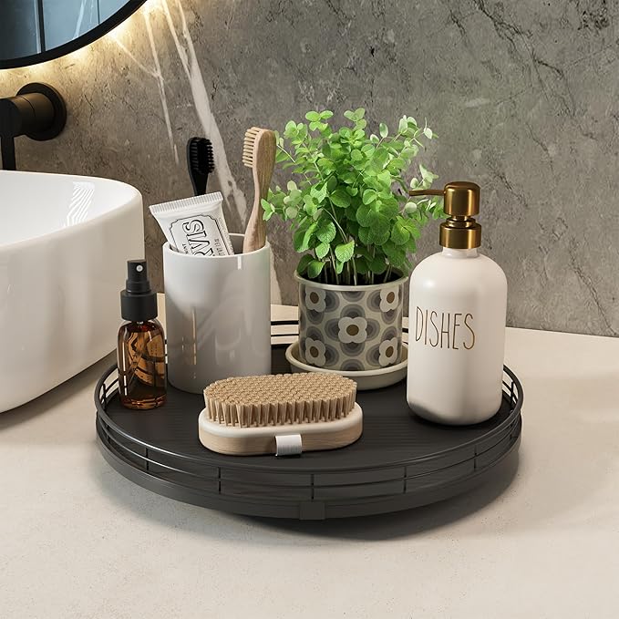 13" Lazy Susan Turntable Organizer for Table Top, Round Wooden Lazy Susan for Cabinet Kitchen Decor Centerpieces Coffee Table, Storage Condiments Spices, Bathroom Vanity Tray for Soap, Black-HomvellaHome