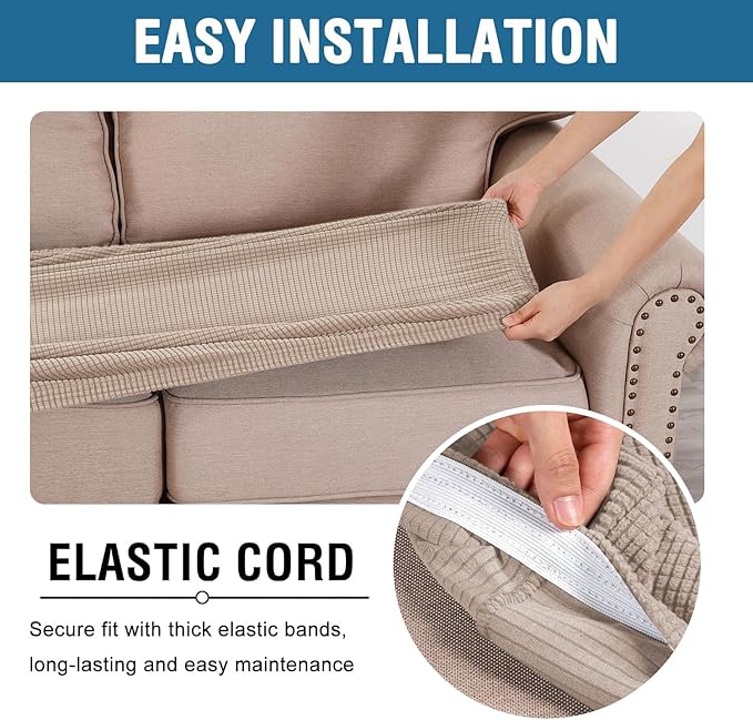 H.VERSAILTEX Super Stretch Individual Seat Cushion Covers Sofa Covers Couch Cushion Cover Slipcover Sets Thick Jacquard Textured Twill Fabric (3 Piece XL Sofa Cushion Covers, Sand)-HomvellaHome