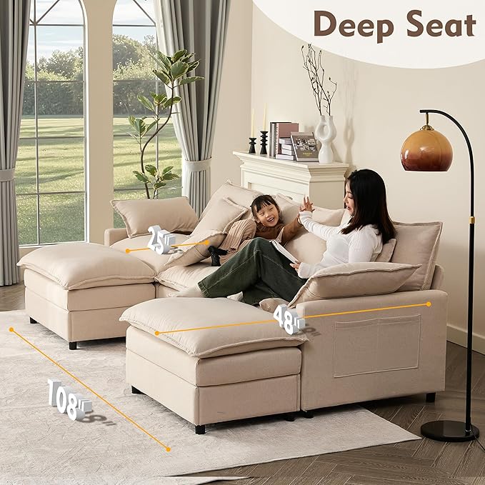 108" U Shaped Couch, Modular Sectional Sofa, 3-Seater Comfy Cloud Couch with Movable Ottoman, Deep Seat Couches for Living Room, Linen, Beige-HomvellaHome