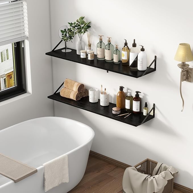 12 Inch Deep Floating Shelves, Black Floating Shelves 48W x 12D, Deep Wall Shelves Bracket Set of 2, Large Display Hanging Floating Shelf for Bathroom, Living Room, Wide Storage Wooden Wall Shelf-HomvellaHome