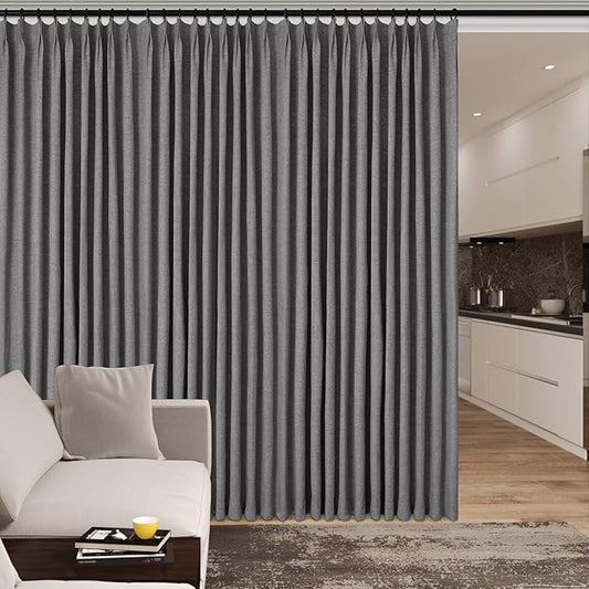 150 Inches Extra Wide Room Divider Draperies, Pinch Pleat Drapes, Absolutely Blackout Sliding Door Drapery, Total Privacy Ceiling Track Curtains, 150" W by 102" L, Gray (1 Panel)-HomvellaHome