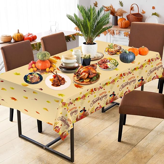 2 Pack Happy Thanksgiving Tablecloth - Fall Thanksgiving Turkey Table cloths, Disposable Plastic Rectangle Autumn Pumpkin Maple Leaf Table Cover for Thanks Giving Tables Decor Party Supplies,108x54In-HomvellaHome