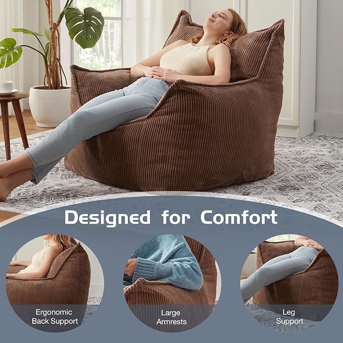Giant Bean Bag Chair Sofa for Adults Teens, Comfy Corduroy Large Bean Bag Chairs with Armrests for Bedroom Living Room, Adult BeanBag Lazy Sofa Couch Chairs with Filler Included-HomvellaHome