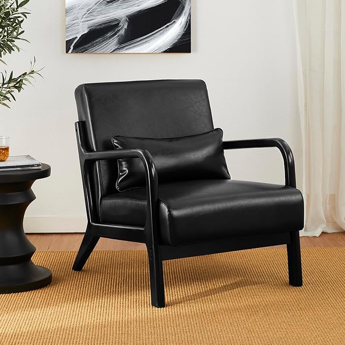Glitzhome Accent Armchair with Walnut Ruberwood Frame, Black PU Leather Lounge Chair for Living Room-HomvellaHome