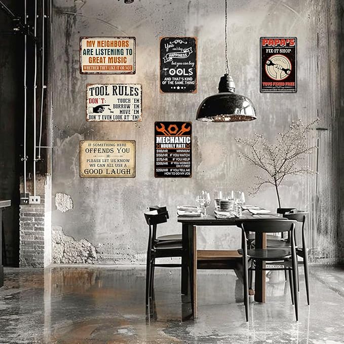Garage Signs for Men Mechanic Shop Decor Funny Tool Rule Metal Tin Signs for Dad Garage Gifts Grandpa Workshop Wall Decor 8x12 Inch-HomvellaHome