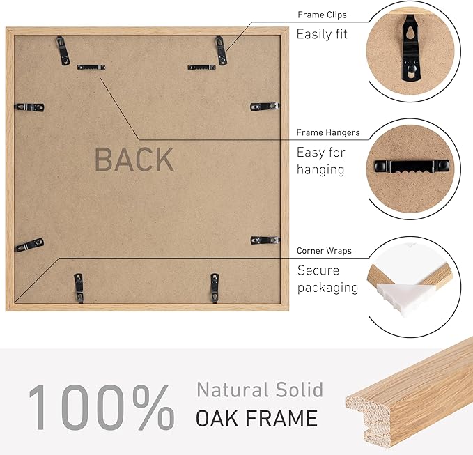 16x16 Picture Frame Set of 4 Natural Solid Oak Photo Frames with 12x12 Removable Mat Wall Hanging Large Handcrafted Frame with HD Plexiglass Wall and Tabletop Display Large Poster Frame-HomvellaHome