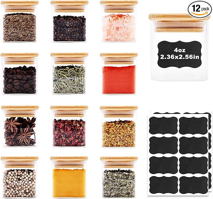 Glass Food Storage Jars Square 4oz, 12 Pack Glass Jars With Bamboo Lids, Kitchen Storage Containers For Spice, Candy, Cookie, Storage For Pantry Organizers-HomvellaHome