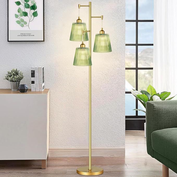 Gold Floor Lamp for Living Room,Bedroom,Mid Century Modern Standing Lamp Brass Tree 3 Light Tall Floor Lamps Vintage Retro Floor Lights Glass Green Flower Lamp Shade Farmhouse Boho Bohemian-HomvellaHome