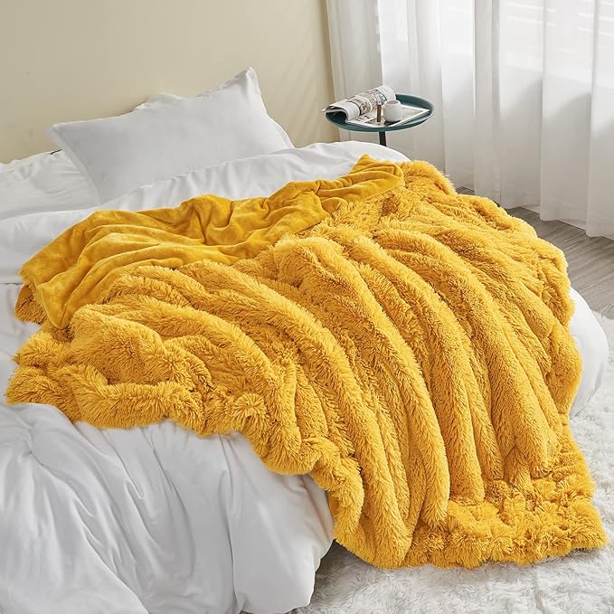GONAAP Fuzzy Faux Fur Throw Blanket Mustard Yellow Super Soft Cozy Plush Fuzzy Shaggy Blanket for Couch Sofa Bed (Mustard Yellow, Throw(50"x60"))-HomvellaHome