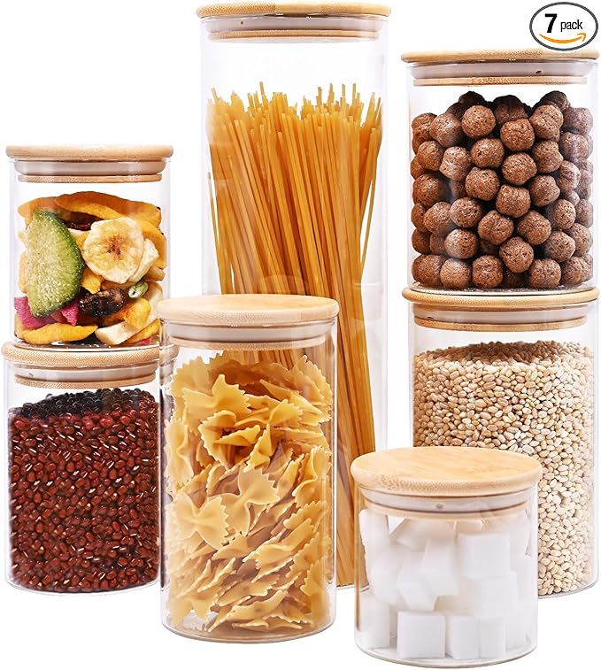 Glass Food Storage Jars, Glass Jars with Bamboo Lids, Kitchen Storage Jars, Canisters with Airtight Lids for Spice, Coffee, Cookie, Set of 7, Pantry Organizers-HomvellaHome