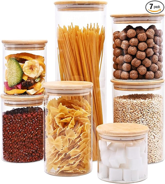 Glass Food Storage Jars, Glass Jars with Bamboo Lids, Kitchen Storage Jars, Canisters with Airtight Lids for Spice, Coffee, Cookie, Set of 7, Pantry Organizers-HomvellaHome