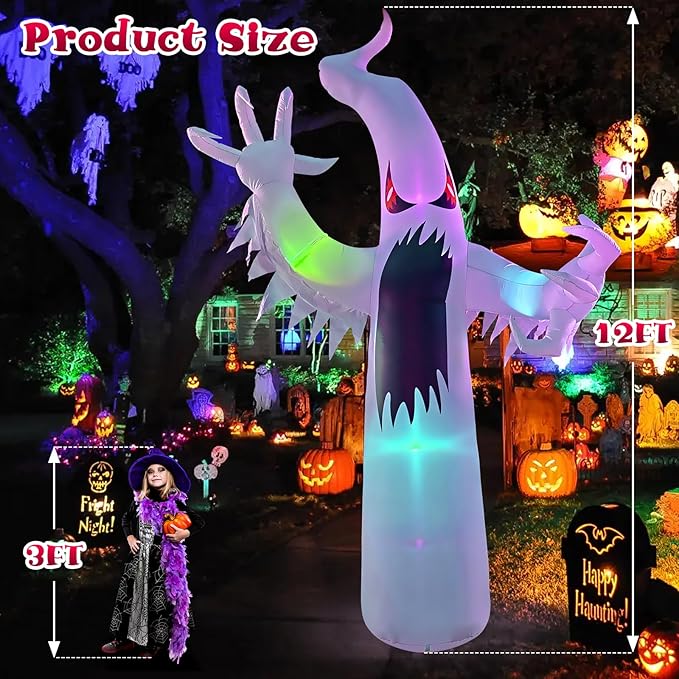 12FT Halloween Inflatables Giant White Ghost, Halloween Inflatable Outdoor Decoration, LED Colored Lights, Scary Red Eyes, Devil Claws, for Indoor and Outdoor Halloween Blow Ups Party Decorations-HomvellaHome