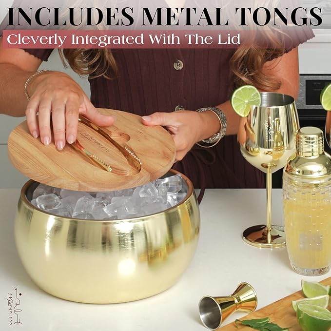 Gusto Nostro 4.1L Insulated Ice Bucket with Lid and Tongs, Double Wall Stainless Steel Ice Bucket Large, BPA Free Ice Bucket for Cocktail Bar, Keeps Champagne, Wine, Beer Chill for Parties (Gold)-HomvellaHome