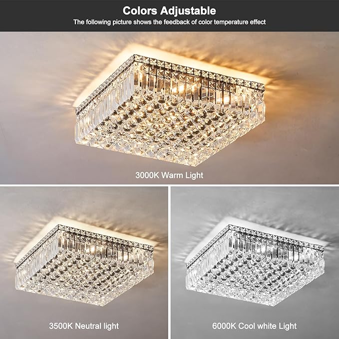 12-Lights Black Crystal Flush Mount Ceiling Light Fixtures,Elegant Crystal Chandelier Pendant Ceiling Lamp for Bedroom,Living Room,Dining Room,Hallway H5.9 x W20 x L20 (Bulb Not Included)Square-HomvellaHome