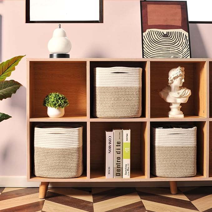 11 Inch Cube Storage Bins, Organizer Woven Cotton Rope Square Baskets for Organizing Shelves, Toys, Nursery, Off White & Brown (Pack of 3)-HomvellaHome
