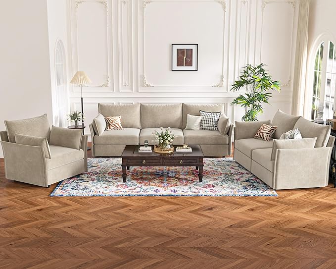 135.5" Oversized Modular Sectional Sofa, L Shaped Convertible Couch with Movable Ottoman, 5 Seat Corner Couches for Living Room Deep Seat Beige Chenille-HomvellaHome