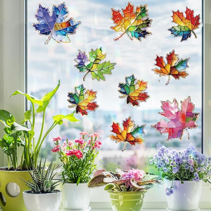 14pcs Window Decals for Bird Strikes, Anti Collision Window Clings, Rainbow Reflection Window Sticker, Maple Leaf Style Sun Catcher Stickers for Glass Windows-HomvellaHome
