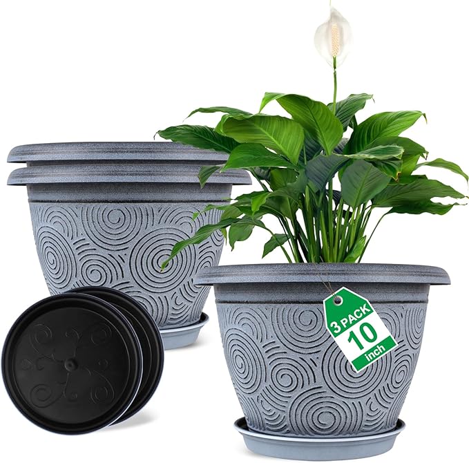10 Inch Flower Pots Planters for Indoor Outdoor Plants, 3 Pack Plastic Large Plant Pots with Drainage Hole & Tray, Modern Decorative Garden Pot with Saucer, Plant Container for House-HomvellaHome