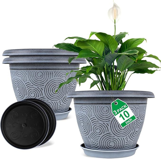 10 Inch Flower Pots Planters for Indoor Outdoor Plants, 3 Pack Plastic Large Plant Pots with Drainage Hole & Tray, Modern Decorative Garden Pot with Saucer, Plant Container for House-HomvellaHome