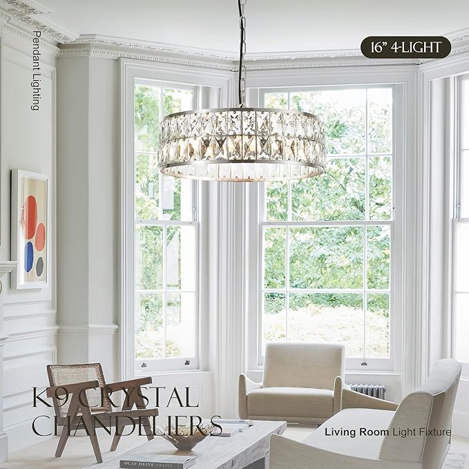 16” 4-Light Modern Crystal Chandeliers Nickel Dinning Room Light Fixture, Round Pendant Light Kitchen Island Chandelier, Flush Mount Ceiling Light for Living Room Entryway Bedroom Foyer-HomvellaHome