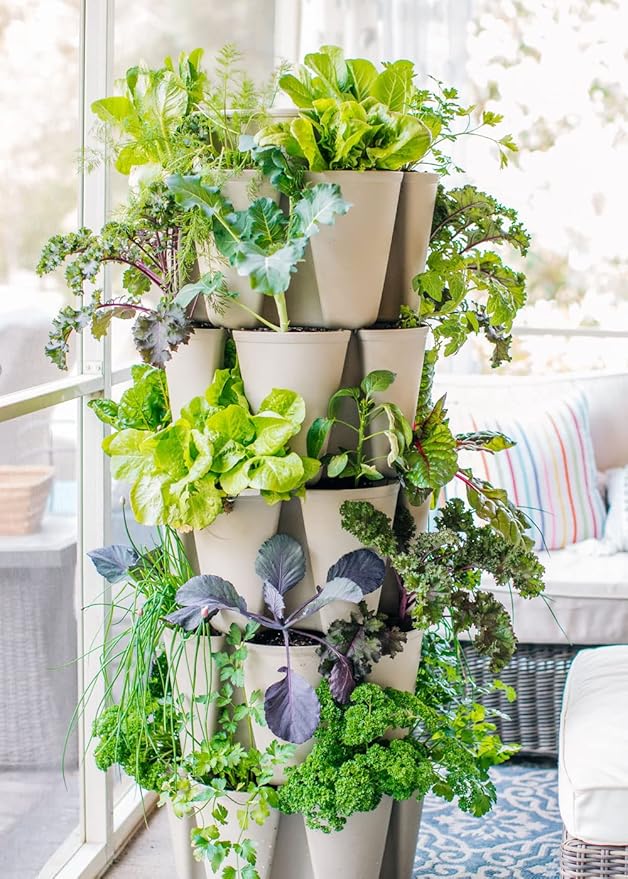 Greenstalk Patented Large 5 Tier Vertical Garden Planter with Patented Internal Watering System Great for Growing a Variety of Strawberries, Vegetables, Herbs, & Flowers (Stunning Stone)-HomvellaHome